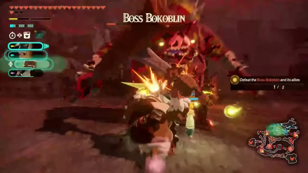 The party attacks the Boss Bokoblin at one of the southern outposts The party attacks the Boss Bokoblin at one of the southern outposts
