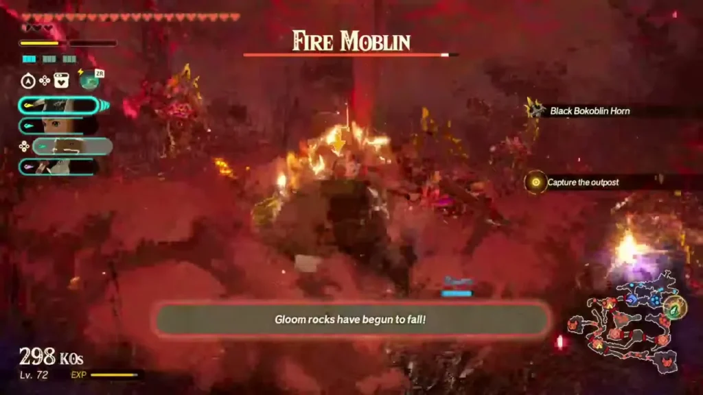 Gloom rocks begin to fall around a Fire Moblin at the west outpost Gloom rocks begin to fall around a Fire Moblin at the west outpost