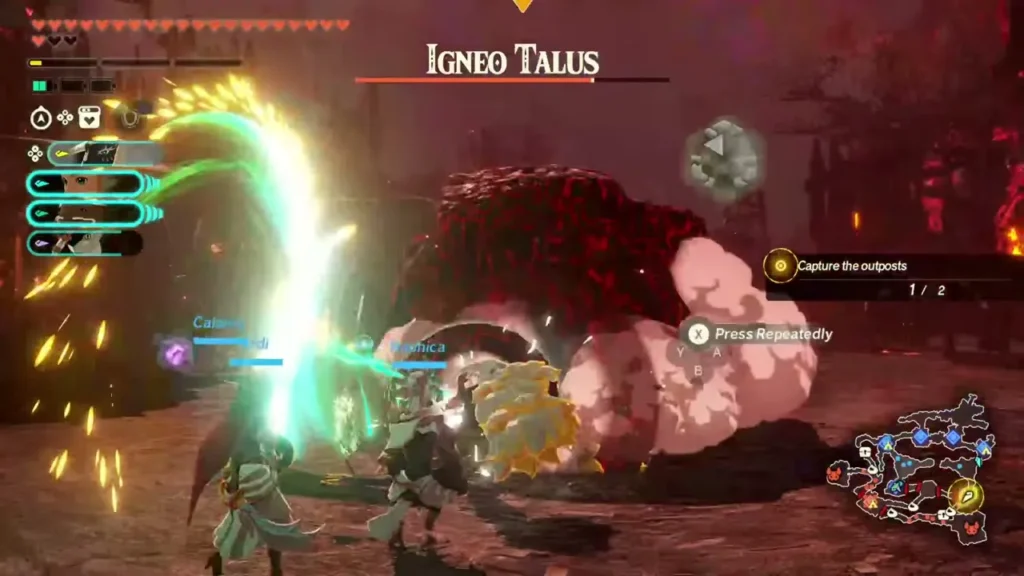 Zelda and allies strike the Igneo Stone Talus Zelda and allies strike the Igneo Stone Talus