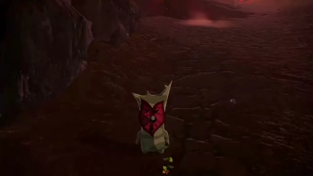 A Korok with a red heart-shaped face stands on the path toward the Archfiends A Korok with a red heart-shaped face stands on the path toward the Archfiends