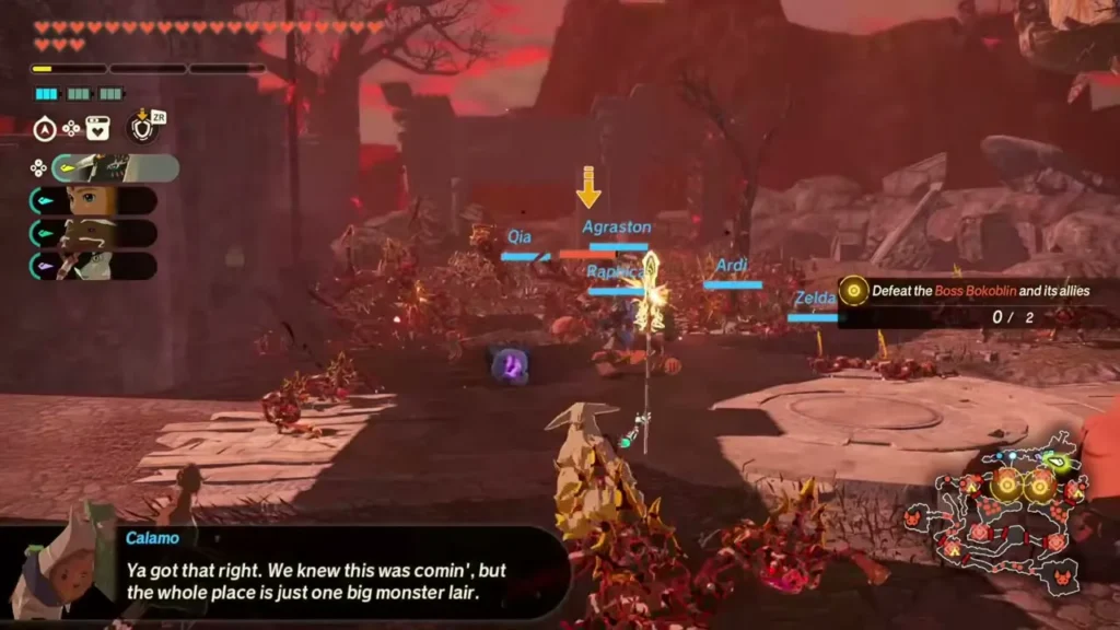 Zelda leads the party and its allies across the ruined grounds as Calamo talks about the monster lair Zelda leads the party and its allies across the ruined grounds as Calamo talks about the monster lair