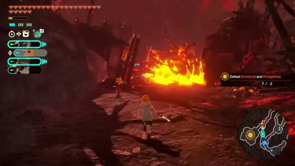 Zelda runs toward a yellow flower at the edge of burning wreckage Zelda runs toward a yellow flower at the edge of burning wreckage
