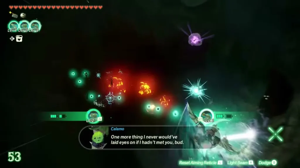 Calamo and the Construct fly through a dark cavern full of glowing enemies Calamo and the Construct fly through a dark cavern full of glowing enemies