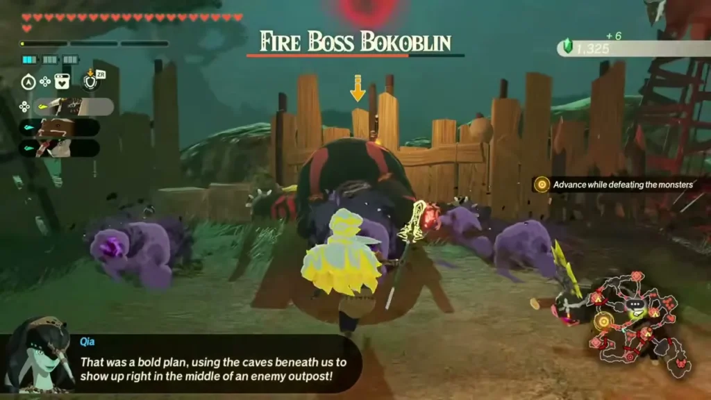 Rauru's party ambushes a Fire Boss Bokoblin from behind in an enemy outpost Rauru's party ambushes a Fire Boss Bokoblin from behind in an enemy outpost