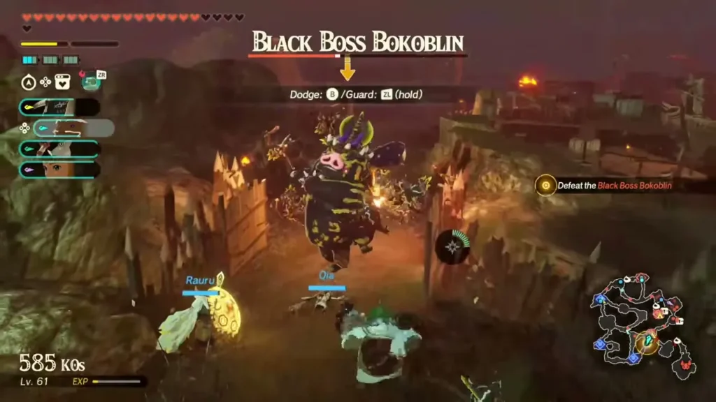 Rauru and Qia face the Black Boss Bokoblin at the outpost fence Rauru and Qia face the Black Boss Bokoblin at the outpost fence