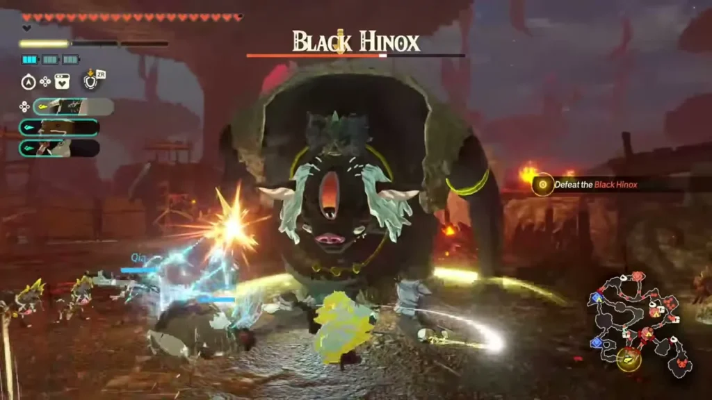 The party attacks the Black Hinox in a dusk-lit outpost The party attacks the Black Hinox in a dusk-lit outpost