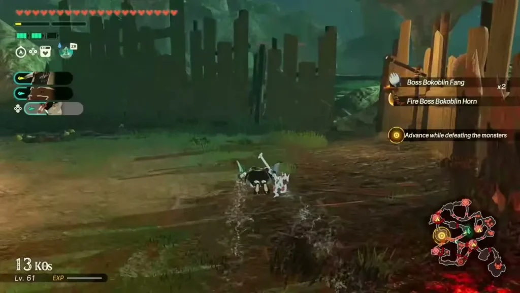 Boss Bokoblin Fang and Fire Boss Bokoblin Horn appear as rewards after the fight Boss Bokoblin Fang and Fire Boss Bokoblin Horn appear as rewards after the fight