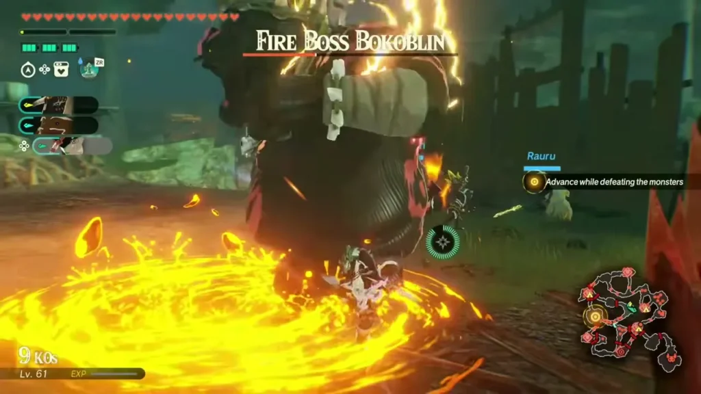 A burst of flame rings the Fire Boss Bokoblin as the party fights it A burst of flame rings the Fire Boss Bokoblin as the party fights it