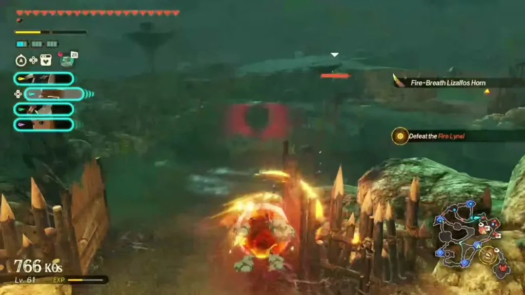 A fire-breathing Lizalfos burns beside a spiked fence near the eastern campsite A fire-breathing Lizalfos burns beside a spiked fence near the eastern campsite