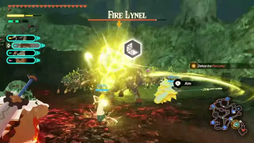Zelda and the party fight the Fire Lynel in a mossy hollow Zelda and the party fight the Fire Lynel in a mossy hollow