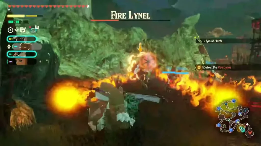 The Fire Lynel stands behind a line of flames set by the party The Fire Lynel stands behind a line of flames set by the party