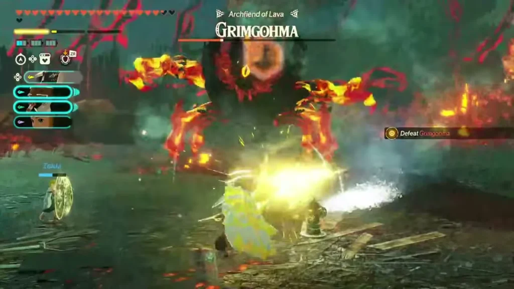Grimgohma raises both claws while Zelda and the party attack Grimgohma raises both claws while Zelda and the party attack