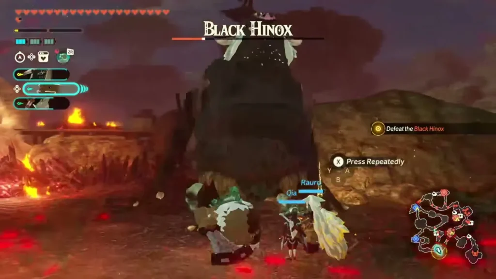 The party fights the Black Hinox amid flames and red embers on the ground The party fights the Black Hinox amid flames and red embers on the ground