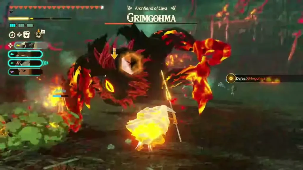 Grimgohma's weak point is targeted as the hero attacks Grimgohma's weak point is targeted as the hero attacks