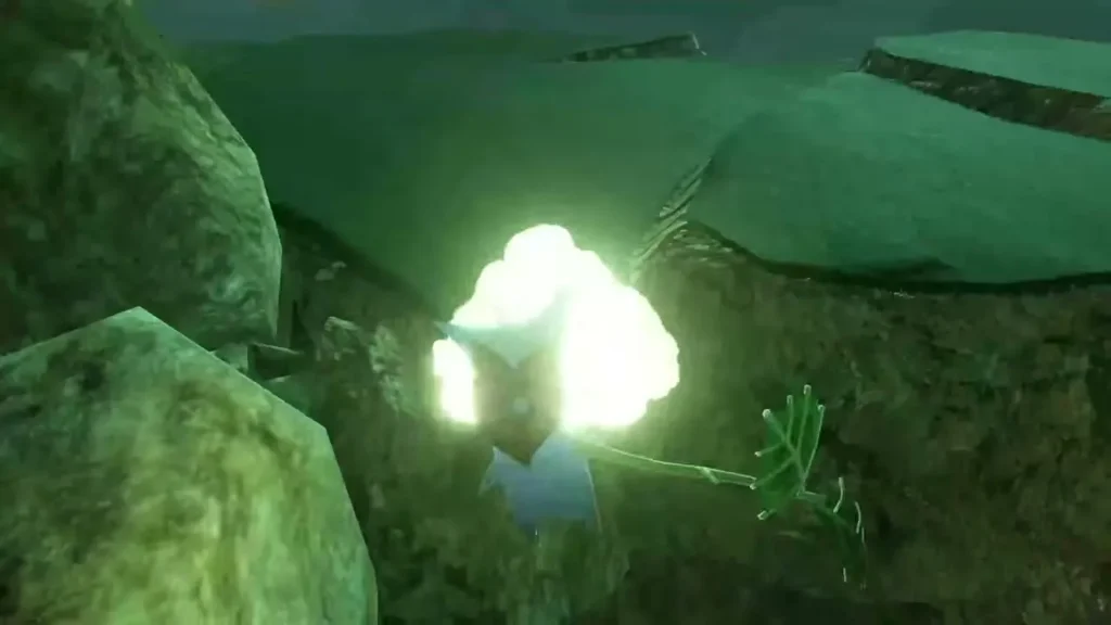 A glowing Korok balloon floats between the rocks A glowing Korok balloon floats between the rocks