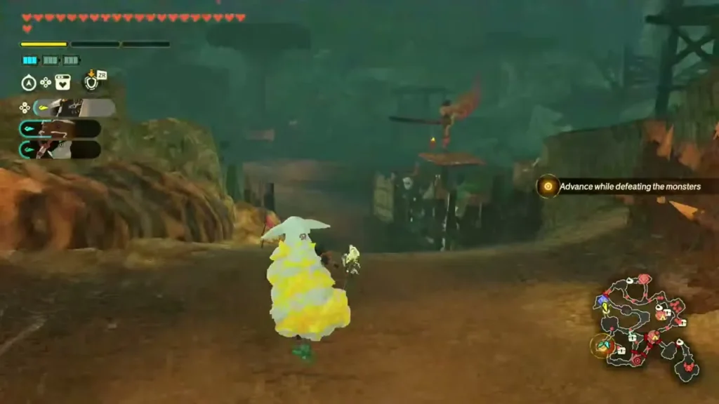 Rauru walks the dirt path toward the camp outpost gate where a Korok hides Rauru walks the dirt path toward the camp outpost gate where a Korok hides