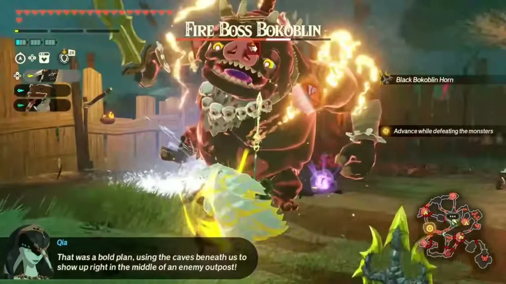 The Fire Boss Bokoblin staggers under a flurry of strikes at the outpost gate The Fire Boss Bokoblin staggers under a flurry of strikes at the outpost gate