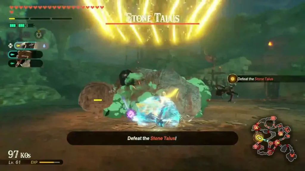 The party fights the Stone Talus inside the first outpost, with Defeat the Stone Talus on screen The party fights the Stone Talus inside the first outpost, with Defeat the Stone Talus on screen