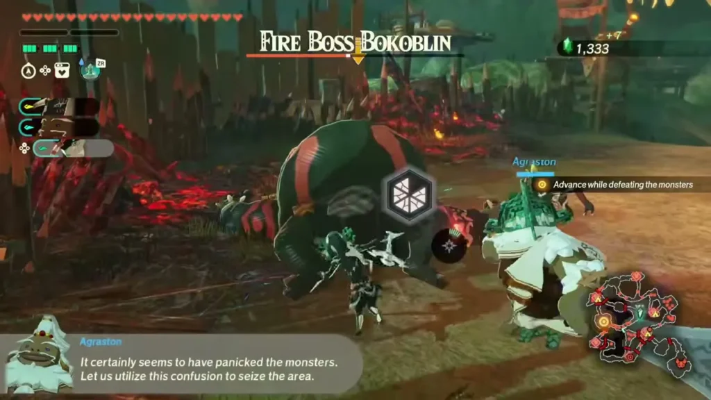 Agraston and the hero close in on the stunned Fire Boss Bokoblin with a weak-point smash prompt Agraston and the hero close in on the stunned Fire Boss Bokoblin with a weak-point smash prompt
