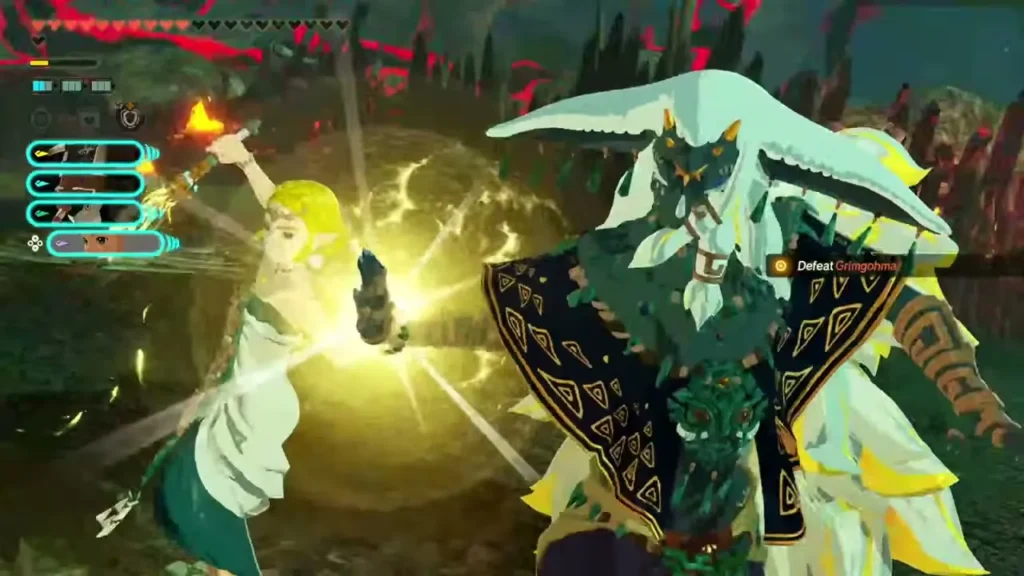 Zelda and Rauru unleash a golden sync strike against Grimgohma Zelda and Rauru unleash a golden sync strike against Grimgohma