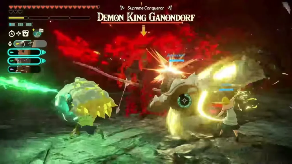 Zelda, Rauru and two allies attack Demon King Ganondorf together Zelda, Rauru and two allies attack Demon King Ganondorf together
