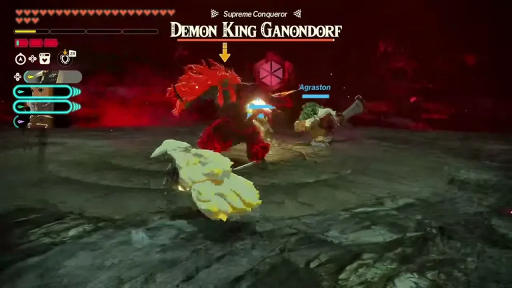 Demon King Ganondorf stands in the red gloom ahead of the party Demon King Ganondorf stands in the red gloom ahead of the party