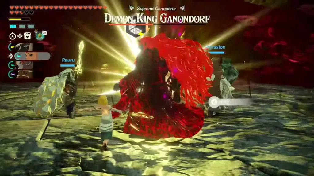 Ganondorf flares red while Zelda, Rauru and Agraston surround him Ganondorf flares red while Zelda, Rauru and Agraston surround him