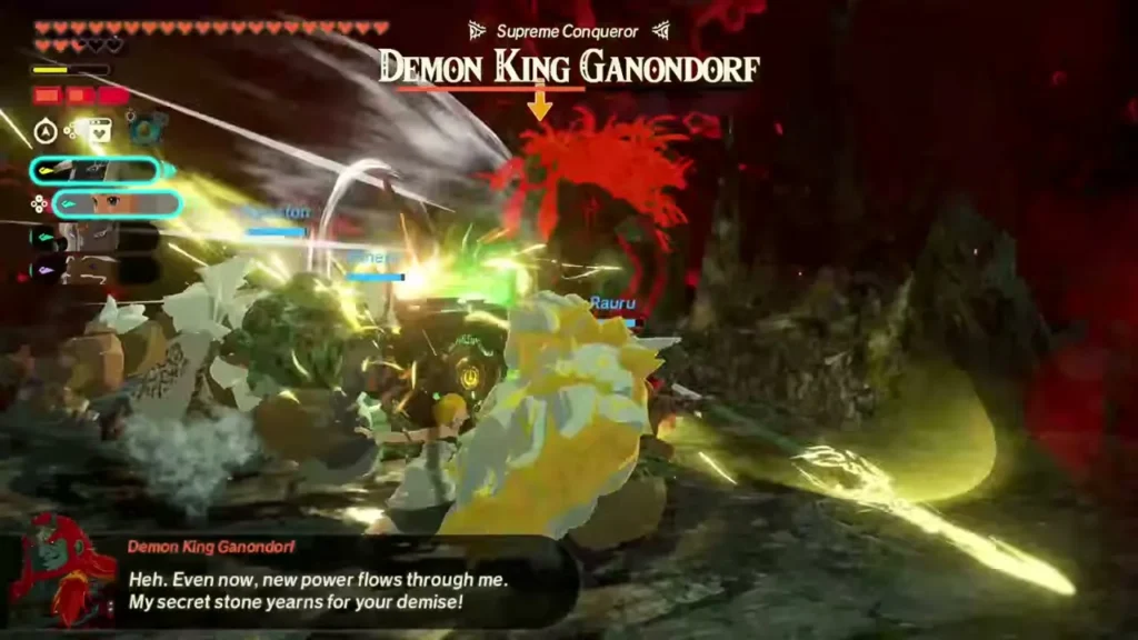 Zelda's party attacks Demon King Ganondorf as he boasts about his secret stone Zelda's party attacks Demon King Ganondorf as he boasts about his secret stone