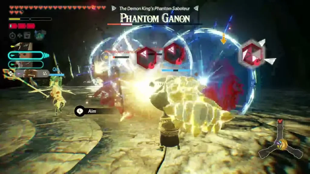 The party aims a light blast at the Phantom Ganons gathered inside a glowing bubble The party aims a light blast at the Phantom Ganons gathered inside a glowing bubble