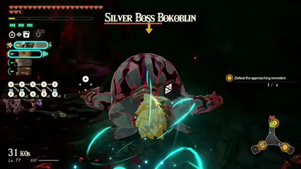 Zelda attacks a Silver Boss Bokoblin as the objective counter reads 1 of 4 Zelda attacks a Silver Boss Bokoblin as the objective counter reads 1 of 4