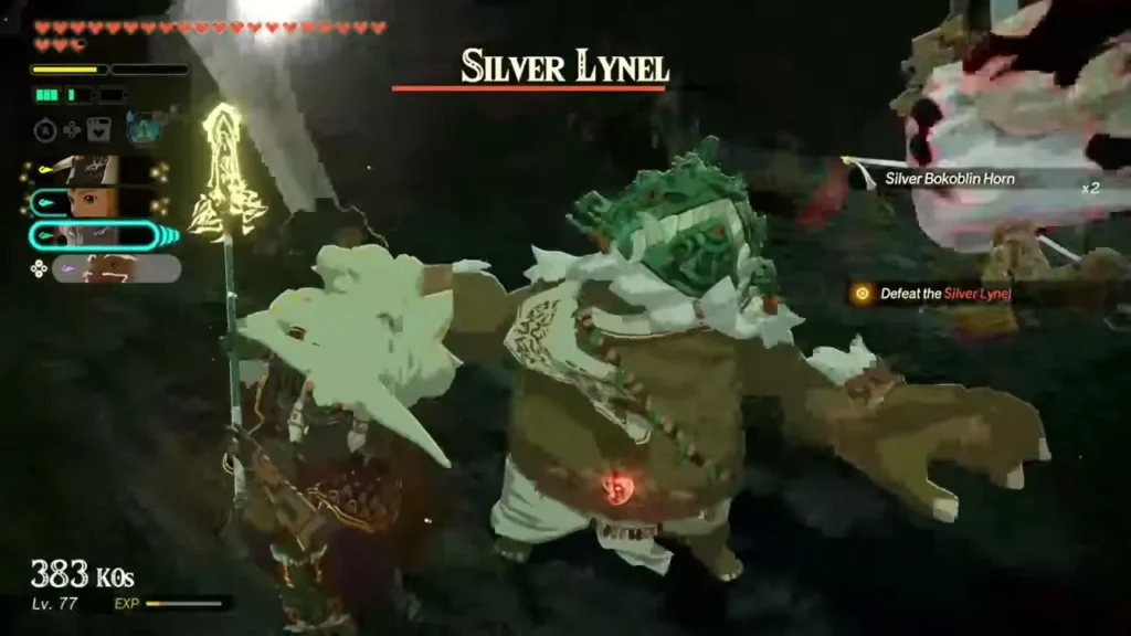 Rauru and an ally face the Silver Lynel in the dark Rauru and an ally face the Silver Lynel in the dark