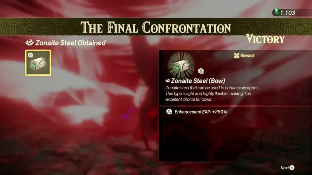 Zonaite Steel (Bow) is listed as the reward for clearing The Final Confrontation Zonaite Steel (Bow) is listed as the reward for clearing The Final Confrontation