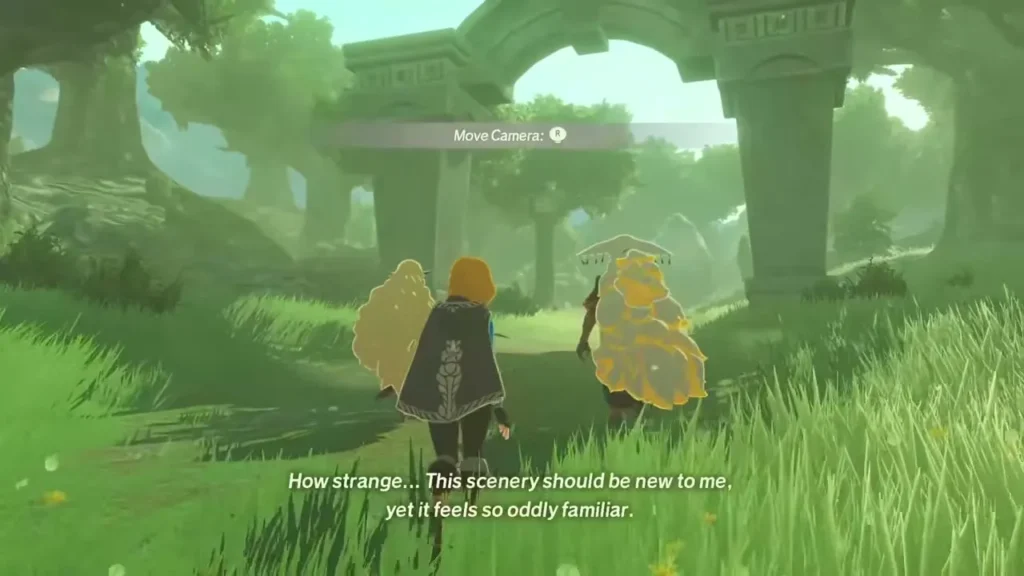 The Move Camera prompt appears as Zelda follows the pair under a ruined arch The Move Camera prompt appears as Zelda follows the pair under a ruined arch