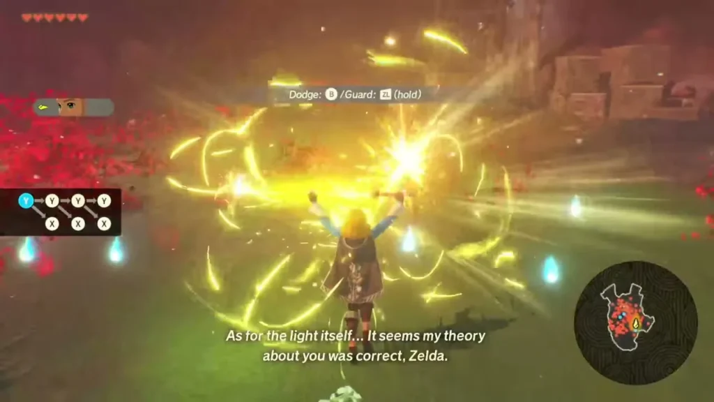Zelda bursts out with light as the prompt shows Dodge on B and Guard on ZL Zelda bursts out with light as the prompt shows Dodge on B and Guard on ZL