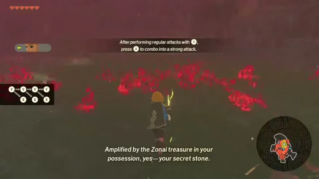 Zelda stands in a red-tinted field as Rauru talks about the Zonai treasure and a combo tip shows Zelda stands in a red-tinted field as Rauru talks about the Zonai treasure and a combo tip shows