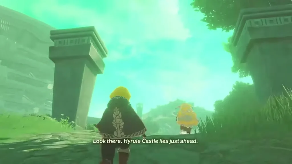 Zelda follows Sonia down the road as Hyrule Castle comes into view Zelda follows Sonia down the road as Hyrule Castle comes into view