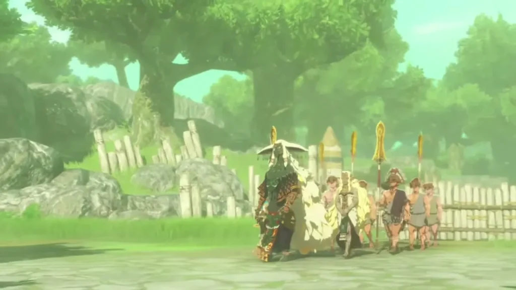 Rauru and Sonia reach the camp where Hylian soldiers stand by a wooden fence Rauru and Sonia reach the camp where Hylian soldiers stand by a wooden fence