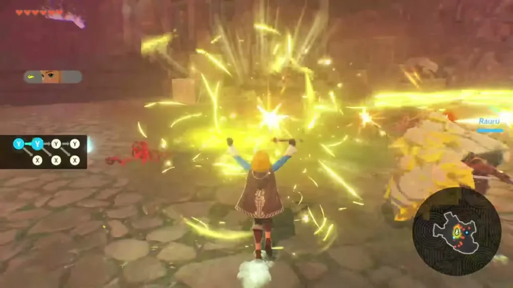 Zelda unleashes a burst of golden light with Rauru beside her Zelda unleashes a burst of golden light with Rauru beside her