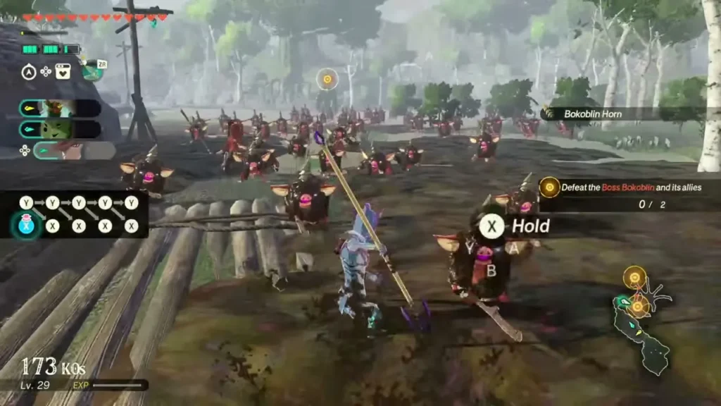 A spear wielder rushes a horde of Bokoblins and their Boss Bokoblin A spear wielder rushes a horde of Bokoblins and their Boss Bokoblin