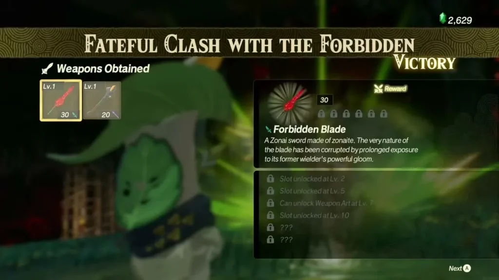 The results screen shows the Forbidden Blade as a reward The results screen shows the Forbidden Blade as a reward