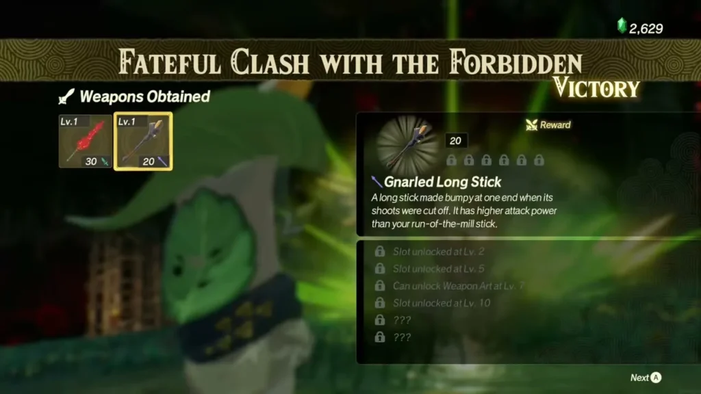 The Gnarled Long Stick appears in the weapons obtained list after a battle The Gnarled Long Stick appears in the weapons obtained list after a battle