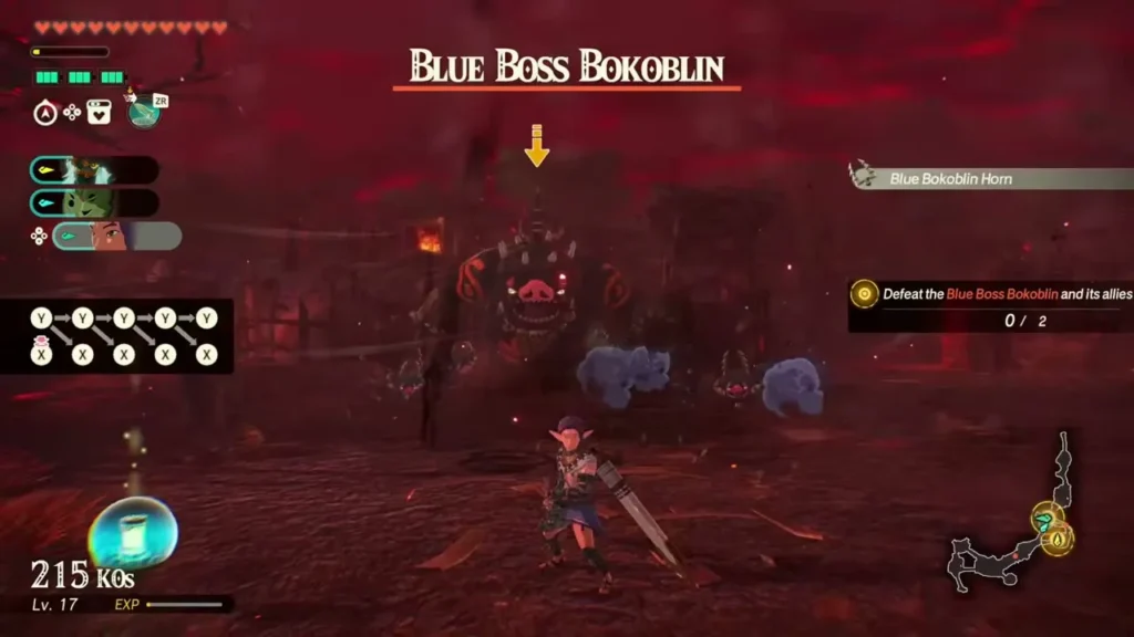 A warrior with a two-handed greatsword faces the Blue Boss Bokoblin in a red-tinted field A warrior with a two-handed greatsword faces the Blue Boss Bokoblin in a red-tinted field