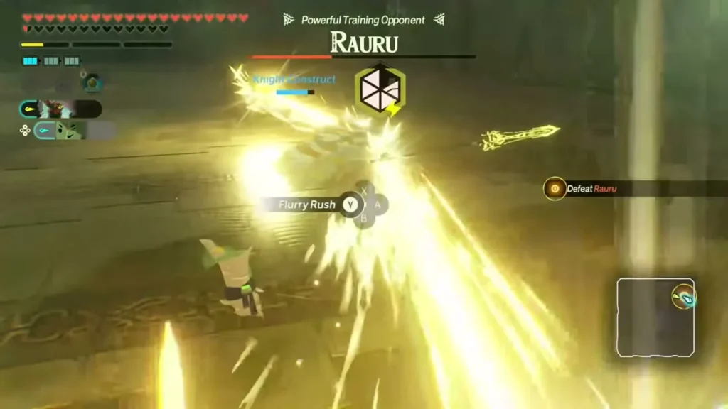 The Knight Construct unleashes a golden flurry at Rauru with the Longsword of Light The Knight Construct unleashes a golden flurry at Rauru with the Longsword of Light