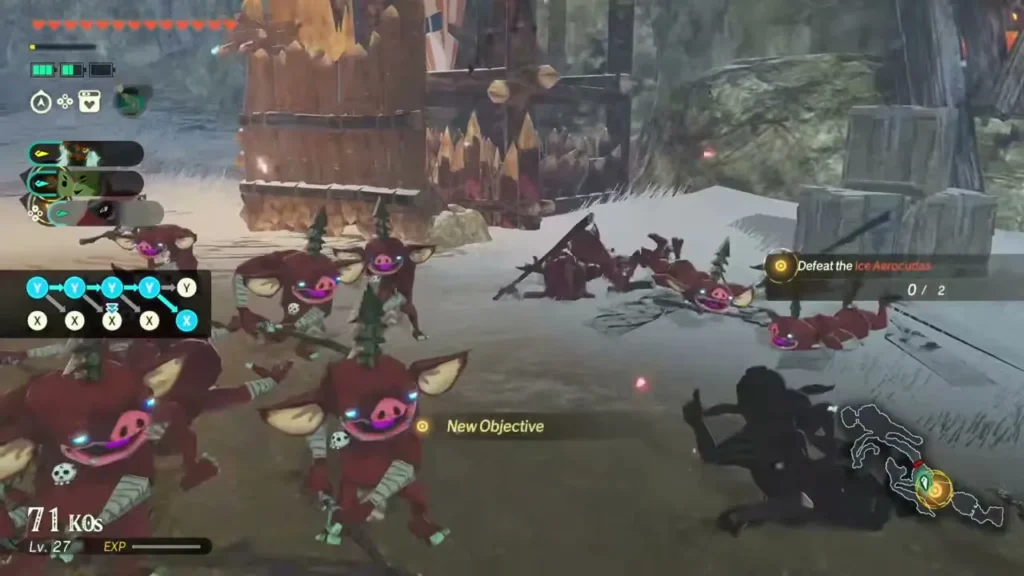 A spear fighter and the party face a Bokoblin horde at a snowy outpost A spear fighter and the party face a Bokoblin horde at a snowy outpost