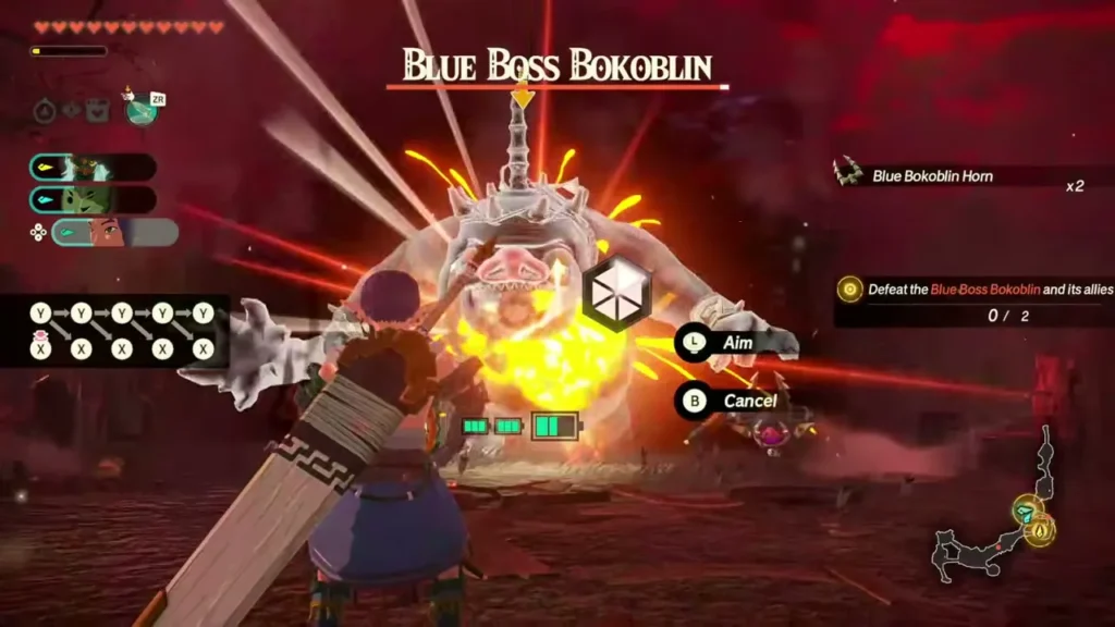 Quino holds his claymore while aiming a device at the Blue Boss Bokoblin Quino holds his claymore while aiming a device at the Blue Boss Bokoblin