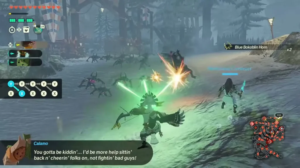 A green burst of arrows tears through monsters in the snowy fight A green burst of arrows tears through monsters in the snowy fight