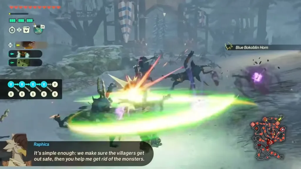 Raphica looses arrows at monsters in the snow while she speaks Raphica looses arrows at monsters in the snow while she speaks