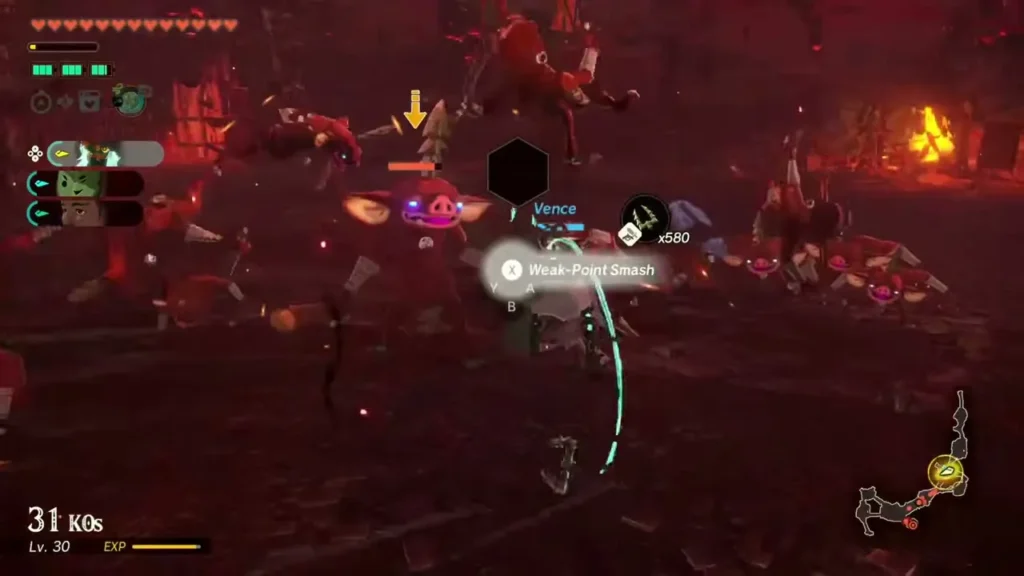 Vence swings his sword against Bokoblins with a Weak-Point Smash prompt Vence swings his sword against Bokoblins with a Weak-Point Smash prompt