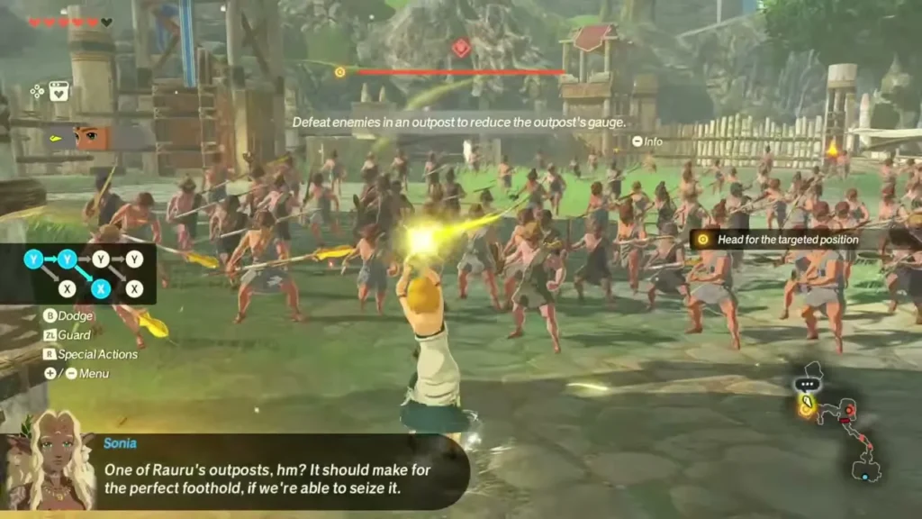 Zelda swings the Blade of Light at a crowd of enemies at an outpost Zelda swings the Blade of Light at a crowd of enemies at an outpost