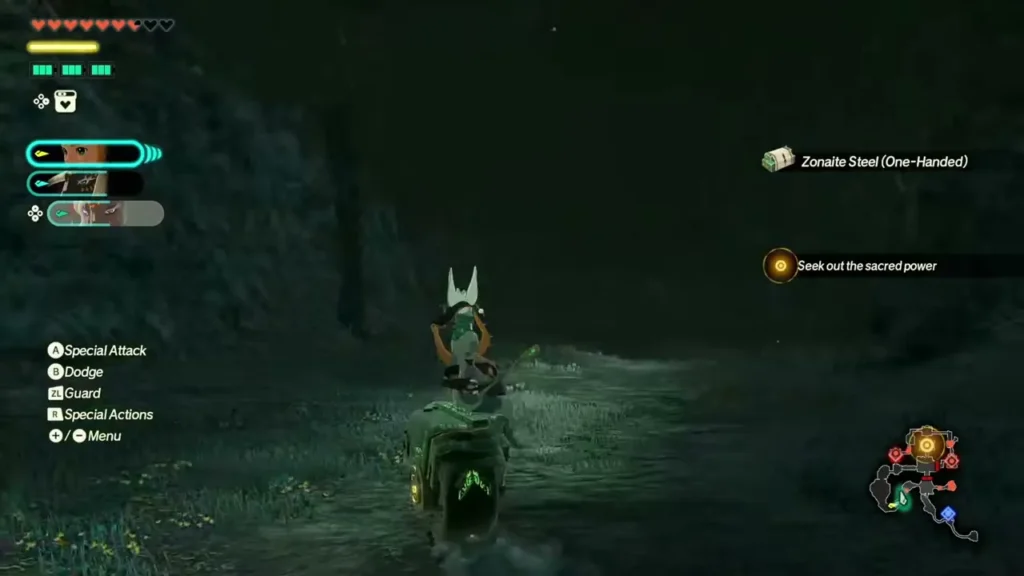 A pickup notice for Zonaite Steel appears as the knight rides through the ruins A pickup notice for Zonaite Steel appears as the knight rides through the ruins